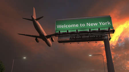 Plane flying above WELCOME TO NEW YORK road sign in the evening, 3d renderingの写真素材