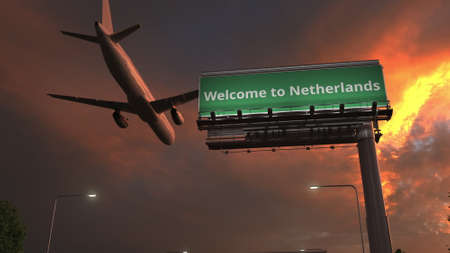 Arriving plane flies above WELCOME TO NETHERLANDS road sign in the evening, 3d renderingの写真素材