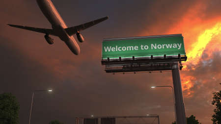 Plane flying above WELCOME TO NORWAY road sign at night. 3d renderingの写真素材