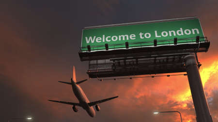 Plane flying above WELCOME TO LONDON road sign in the evening, 3d renderingの写真素材