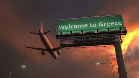 Arriving plane flies above WELCOME TO GREECE road sign in the evening, 3d renderingの写真素材
