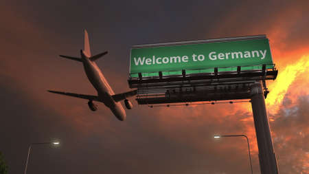 Plane flying above WELCOME TO GERMANY road sign in the evening, 3d renderingの写真素材