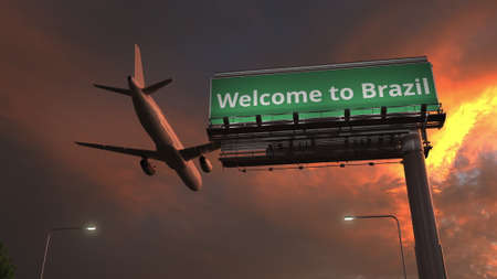 Plane flying above WELCOME TO BRAZIL road sign at night. 3d renderingの写真素材