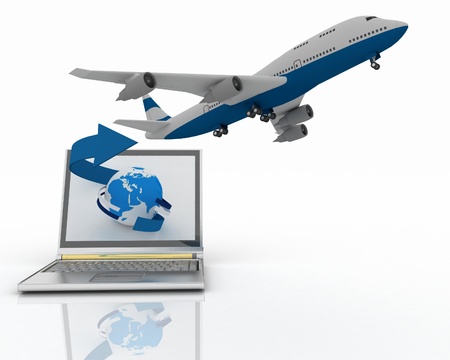 The plane takes off from the laptop monitorの写真素材