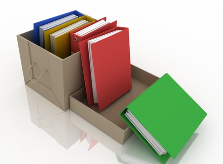 office folders in cardboard box on white background