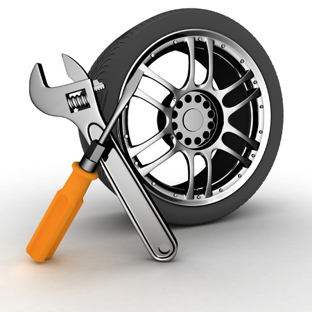 Wheel and Tools. Car service. Isolated 3D imageの写真素材