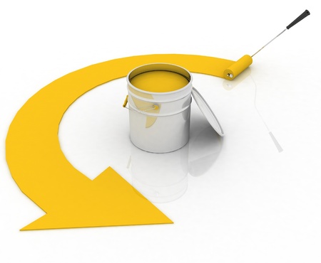 open bucket with yellow paint and rollerの写真素材
