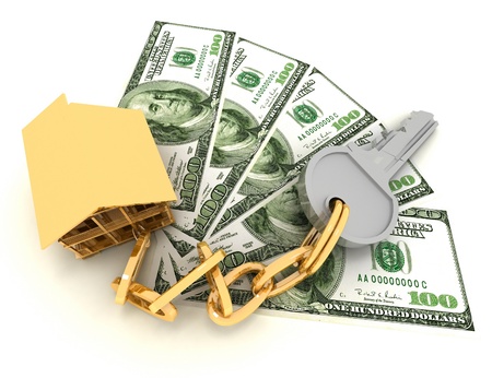 house key and dollars on the white backgroundの写真素材