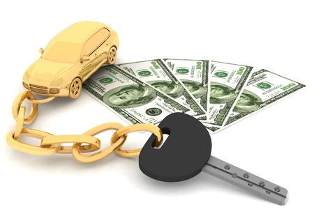 Car key and dollars on the white backgroundの写真素材