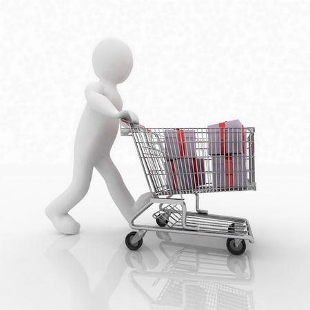 3d man rolls the shopping cart with giftsの写真素材