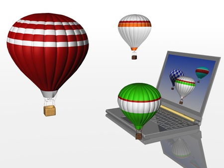 Hot air balloons take off from the screen of laptop. Unity 3d charts and the real worldの写真素材