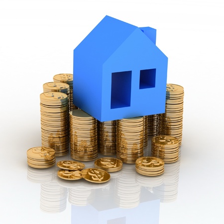 House standing on a heap of coins. Concept of purchase of habitationの写真素材