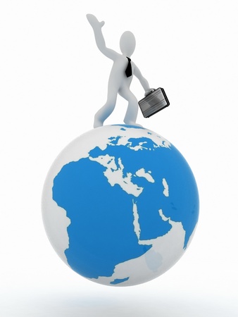 3D man with a suitcase on top of the globeの写真素材