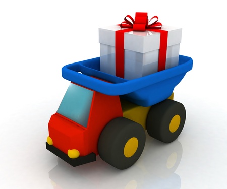 toy truck drives a giftの写真素材