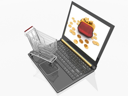 Shopping-cart and laptop isolated. Conception of purchase of commodities on the internetの写真素材