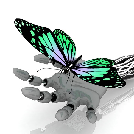 The butterfly on a hand of the robotの写真素材