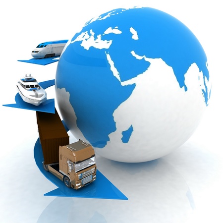 types of transport on a background map of the worldの写真素材