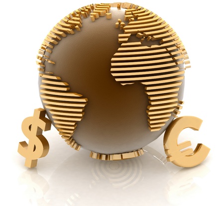3d globe with gold currency symbols on white backgroundの写真素材