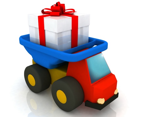 toy truck drives a giftの写真素材
