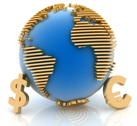 3d globe with gold currency symbols on white backgroundの写真素材