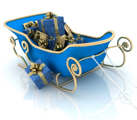 Christmas Santa sledge with gifts on a white backgroundの写真素材