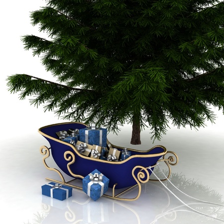 Christmas Tree and Christmas Santa sledge with gifts on a white backgroundの写真素材