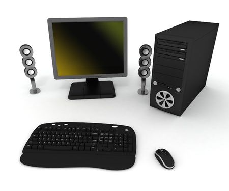 Black computer with speakers on a white backgroundの写真素材