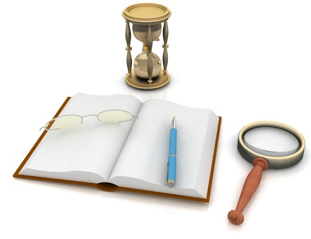 open book with a hourglass and glasses on white backgroundの写真素材