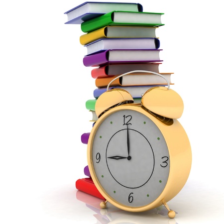 alarm clock near stack of books over white