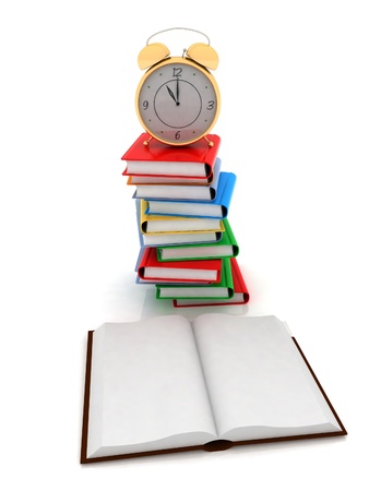 open book and alarm clock on the pile of books are isolated on a white backgroundの写真素材