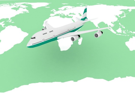 flying airplane on a background map of the worldの写真素材