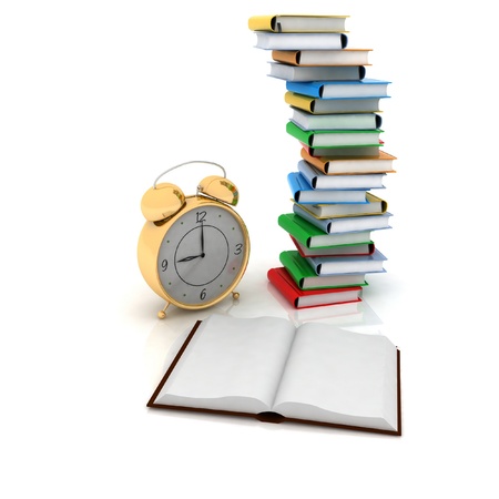 alarm clock near stack of books over white