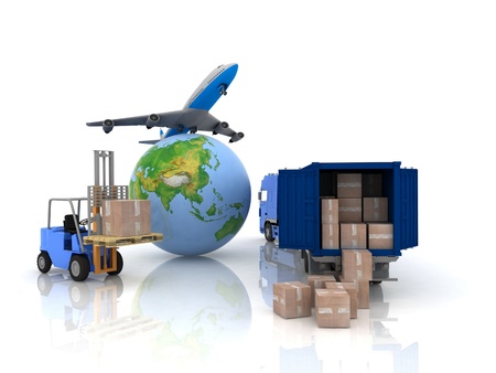airliner with a globe and auto loader with boxesの写真素材
