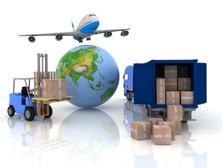 airliner with a globe and auto loader with boxesの写真素材