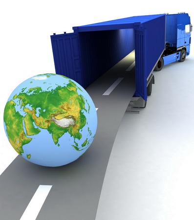 Container with open doors and a globe. We offer international transportation.の写真素材