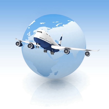 airliner with a globe in the blue backgroundの写真素材