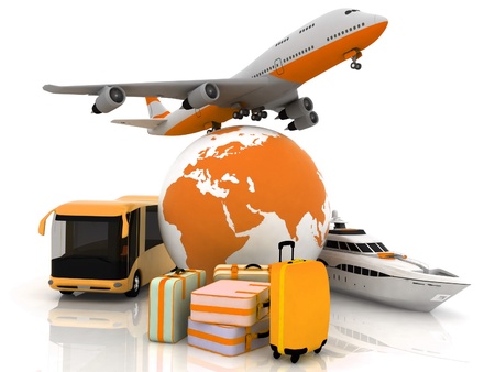  types of transport liners with a globe and luggageの写真素材