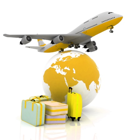 airliner and suitcases with a globe in the backgroundの写真素材