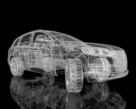 Car model on black background with reflectionの写真素材