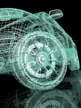 Car model on black background with reflectionの写真素材