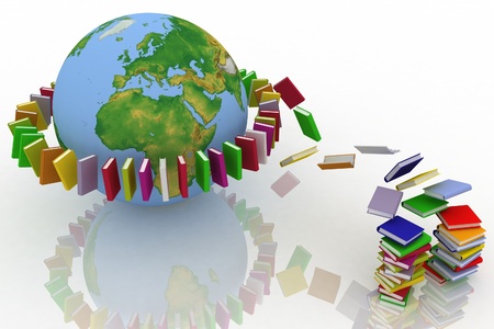 books fly into belt round the earthの写真素材