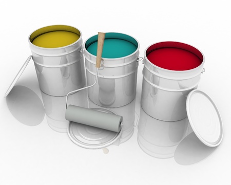 open bucket with color paint and rollerの写真素材