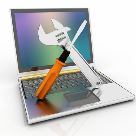 3d illustration of laptop with screwdriver and wrenchの写真素材