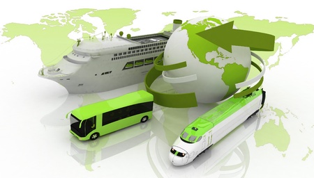 marine liner, yacht and train on a background map of the world  types of transport for a cruiseの写真素材