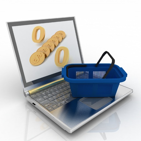 Shopping- basket and laptop isolated. Conception of purchase of commodities on the internetの写真素材