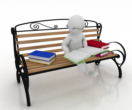 man spectacled sits on a bench and reads a book. 3d illustration on a white background.の写真素材