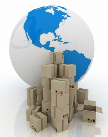 Globe with carton boxes on a white backgroundの写真素材