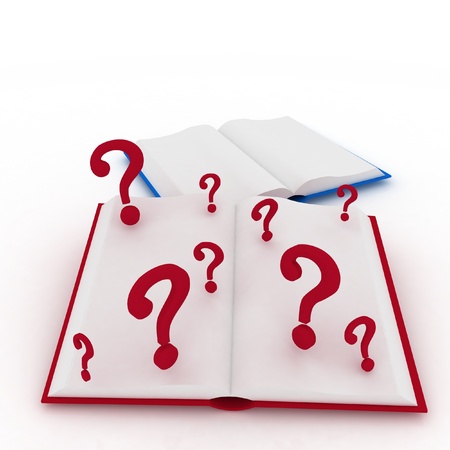 3d render illustration open books and a question marks. の写真素材