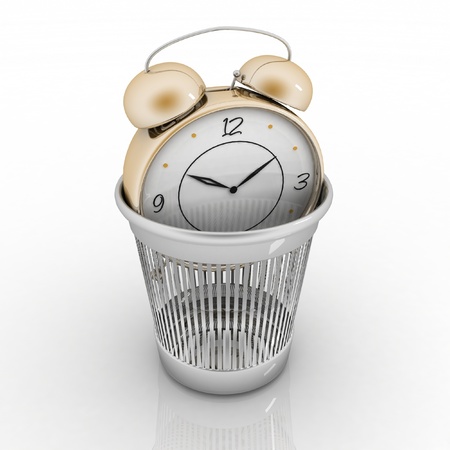 alarm clock in metal trash bin isolated on white  Concept of vain pastime 