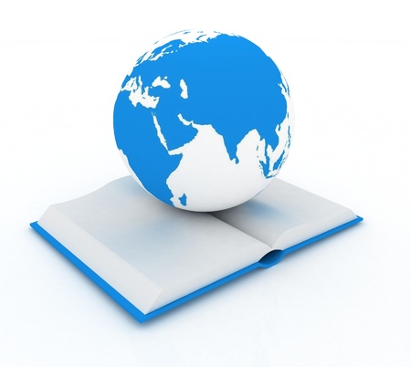 open book and globe on white backgroundの写真素材